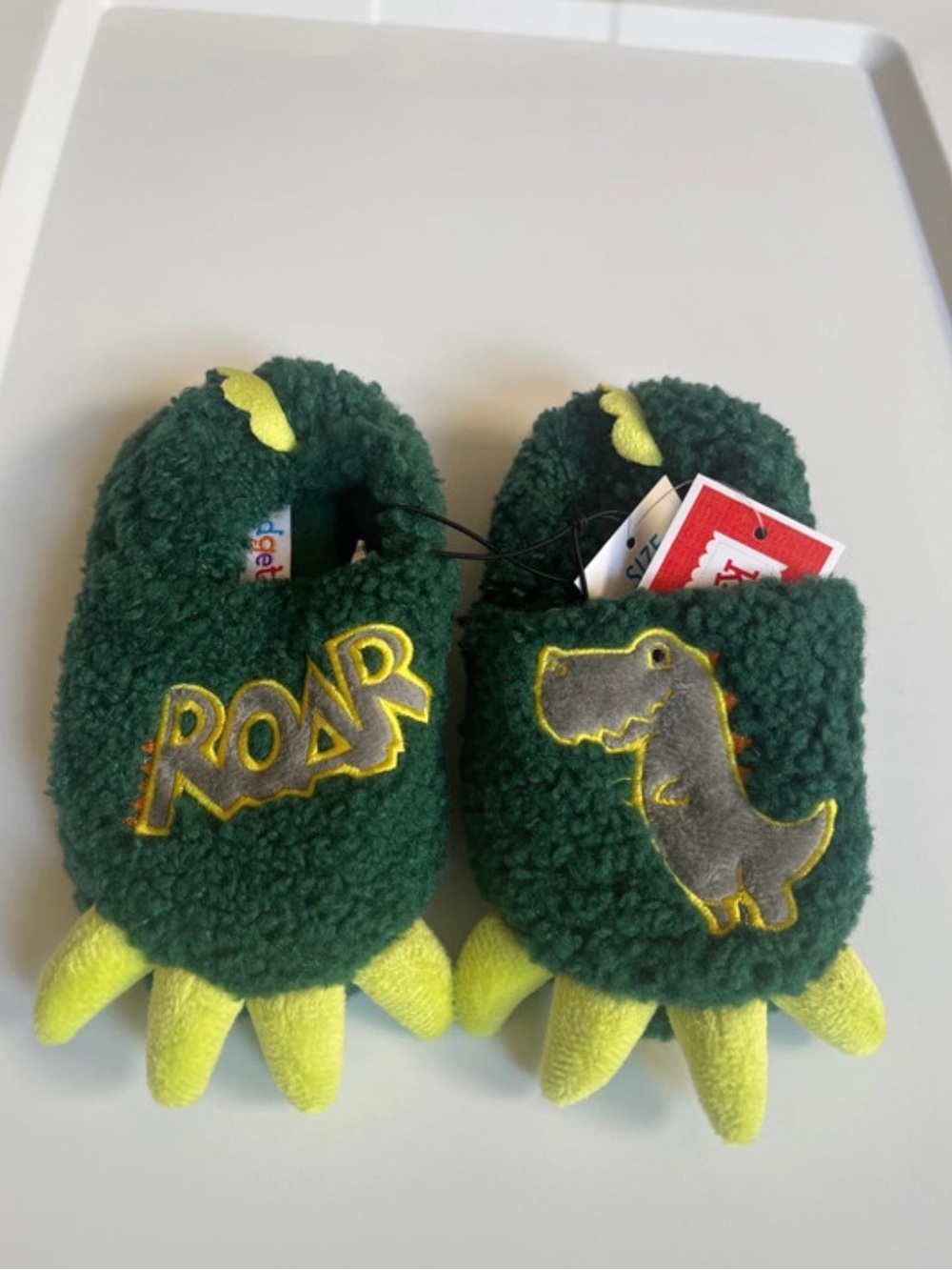 Kidgets Dark Green Plush Dino Toddler Booties with Yellow Accents